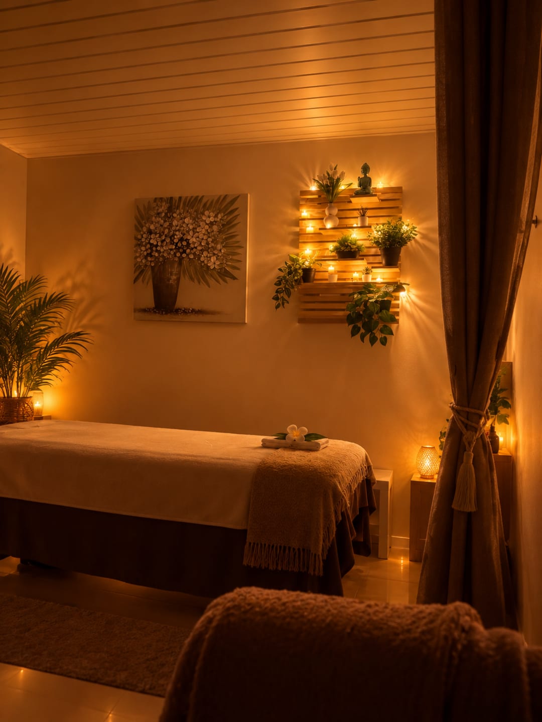 Nana Spa Wellnessin lämmin, kynttilöin valaistu hoitohuone